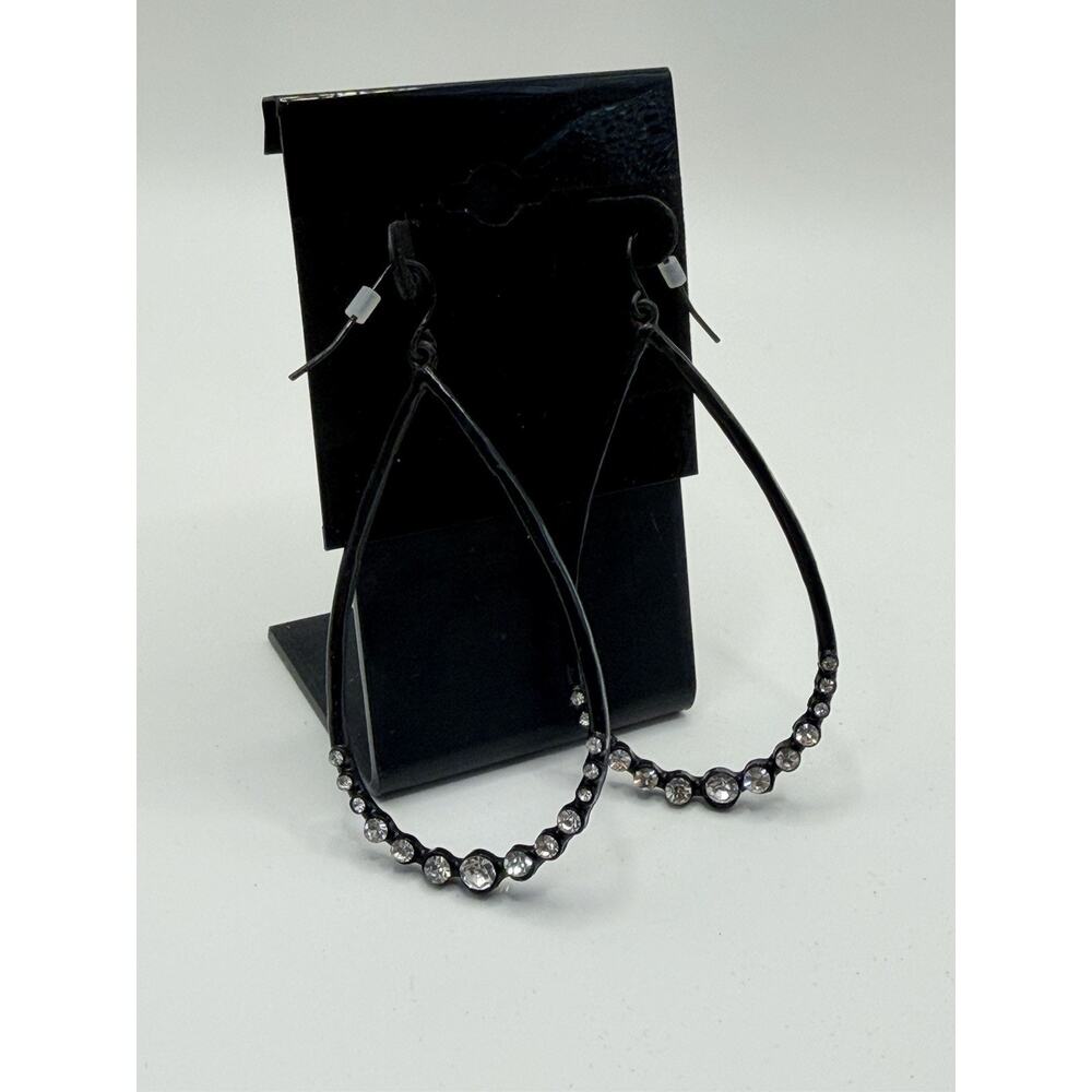 large teardrop hoop earrings black with rhinestones